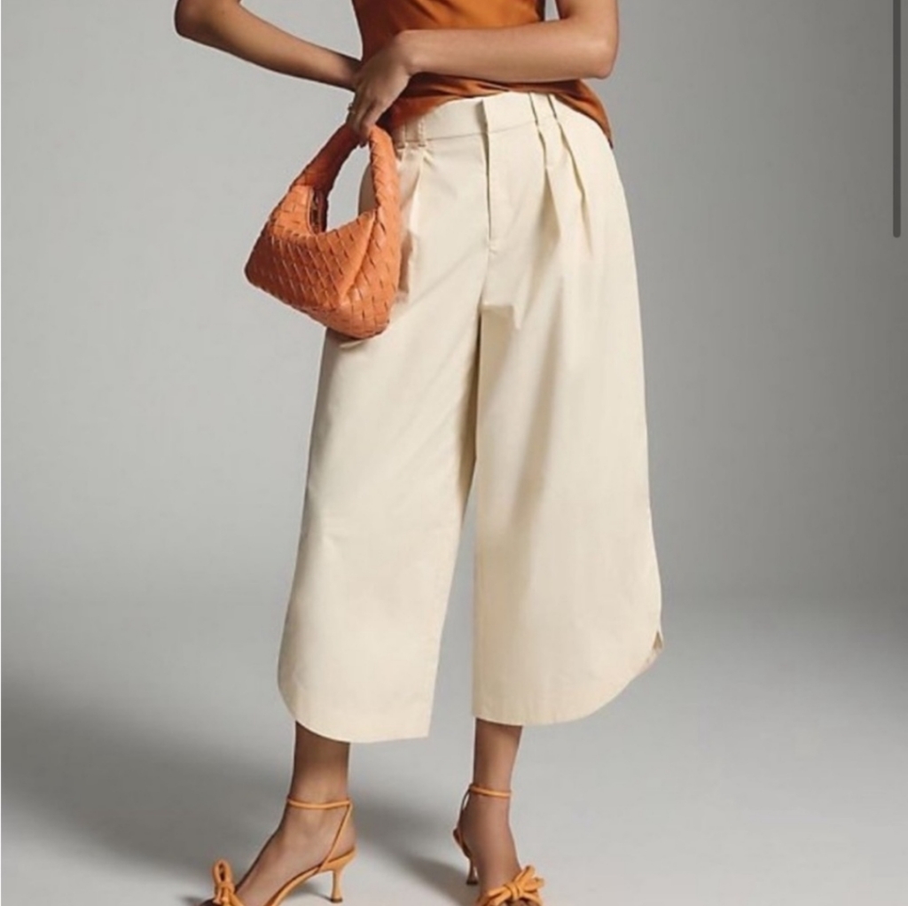 Anthropologie Cream Wide-Leg Cropped Pants